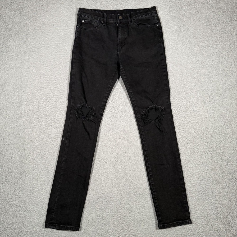 MNML Jeans Mens 34x31 Black Skinny Fit Casual Preppy Distressed Knees Denim Logo